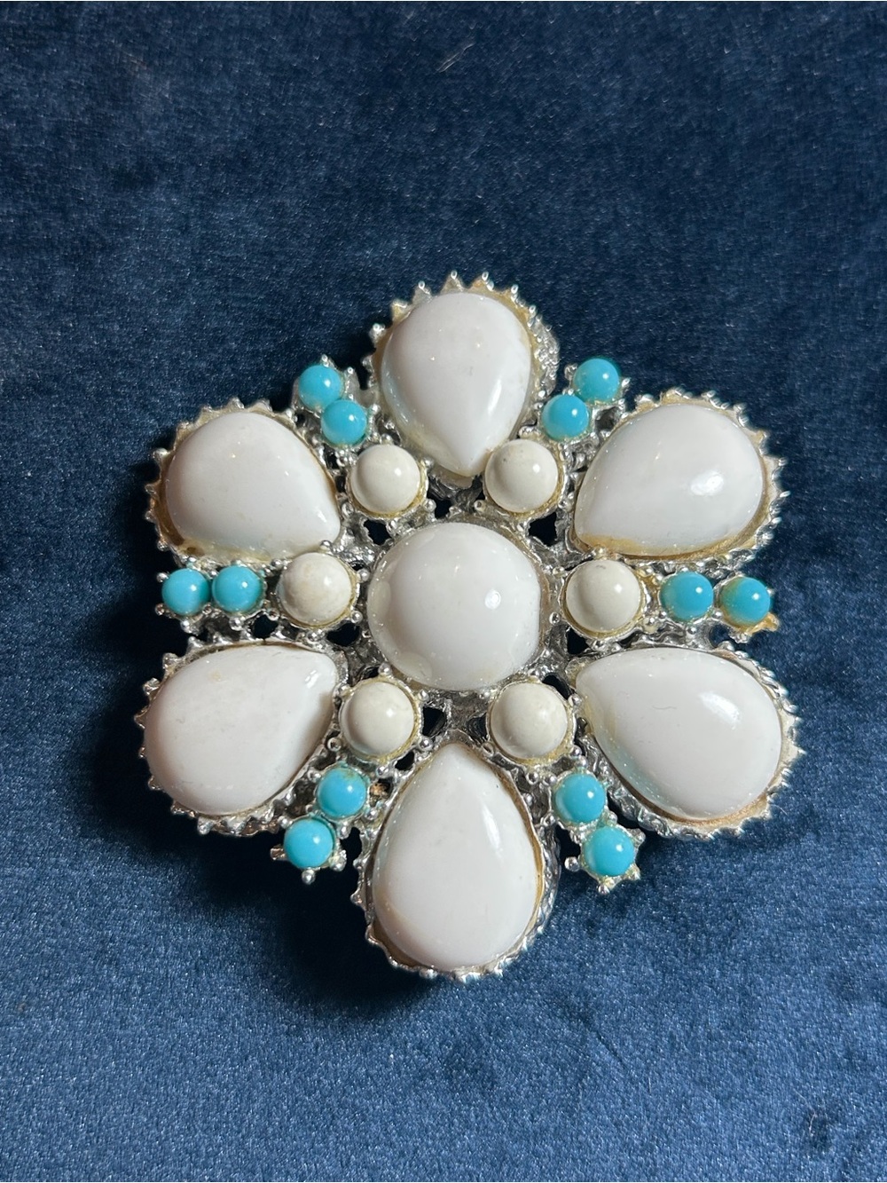 White and Turquoise Floral Brooch
